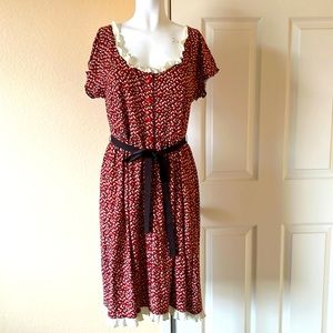 Veeko shape pattern red and brown belted dress Small
